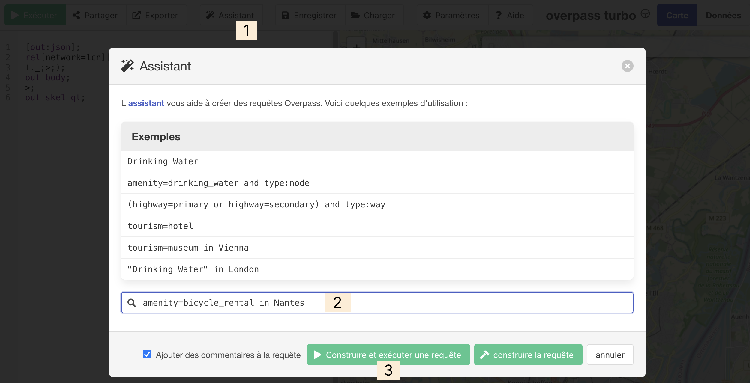 Capture d’écran du site d'Overpass Turbo en utilisant l'assistant