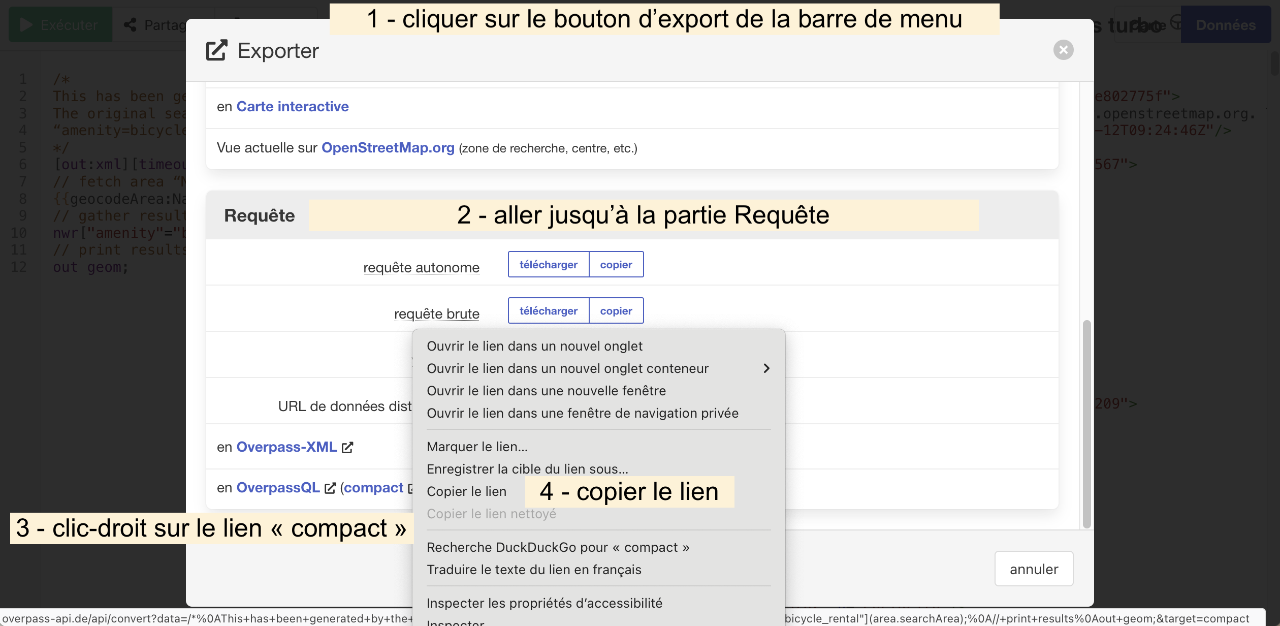 Capture d’écran du site d'Overpass Turbo avec le déroulé des opérations à réaliser