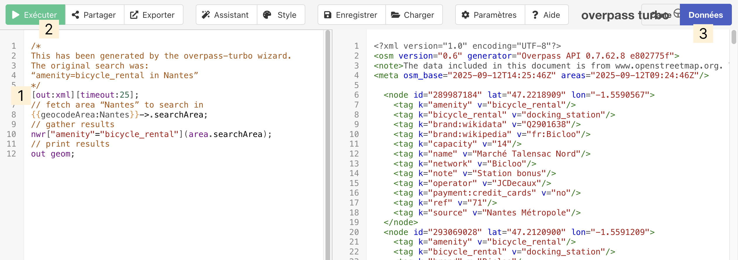 Capture d’écran du site d'Overpass Turbo avec l'option XML activée et les données rendues visibles