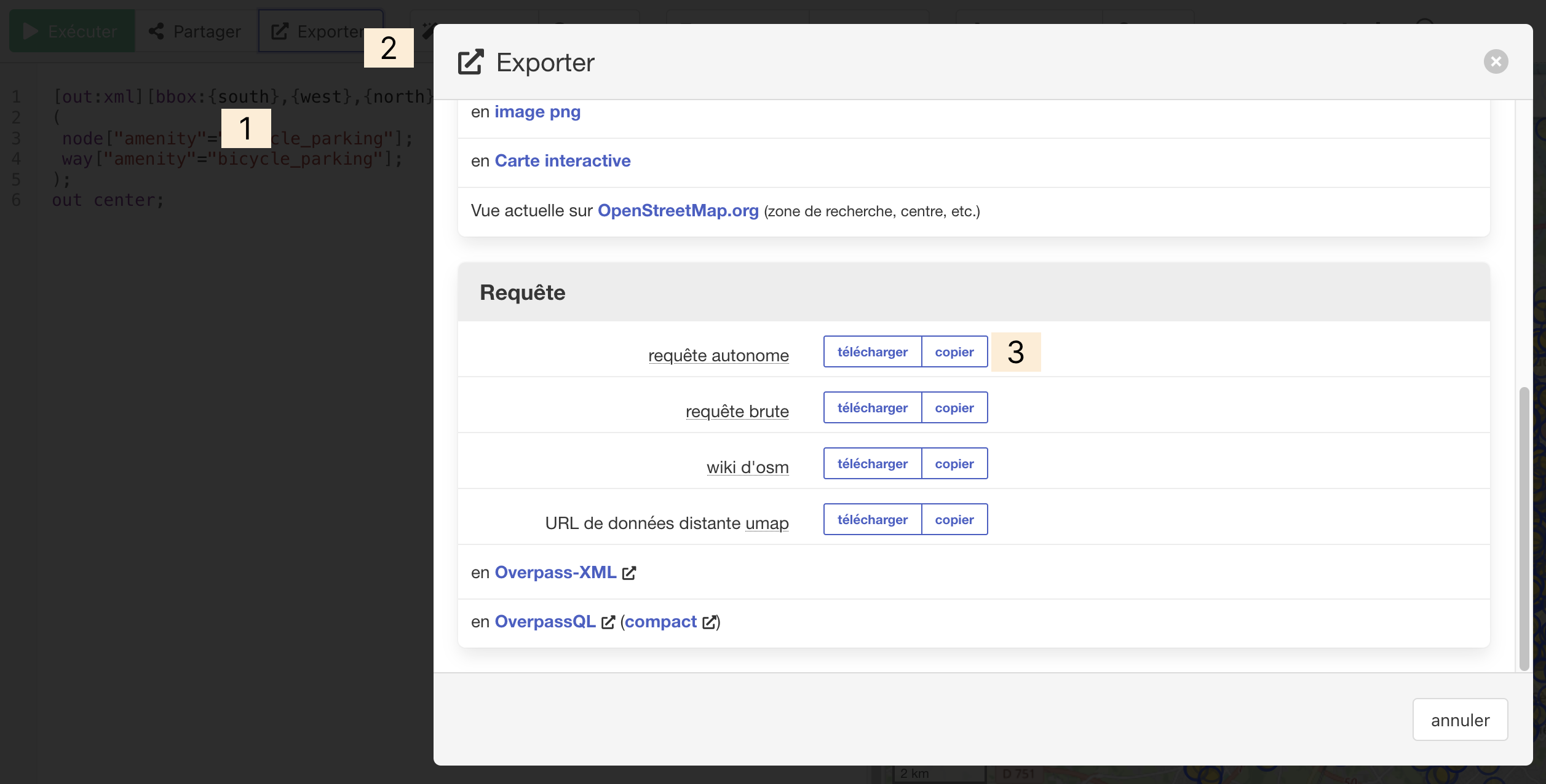 Capture du site d'Overpass Turbo avec la nouvelle requête modifiée