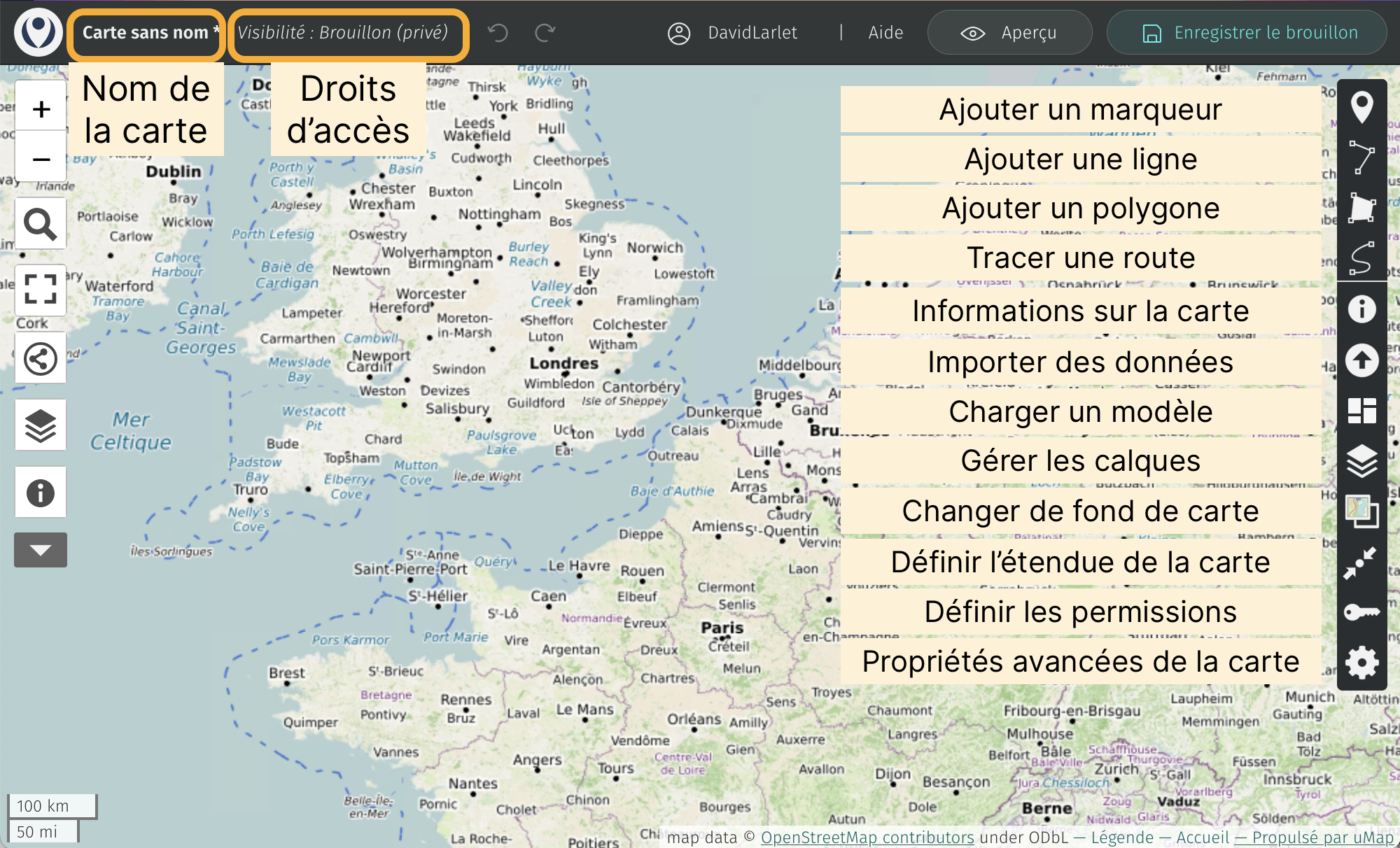 Une carte vierge annotée avec les principales actions d’édition
