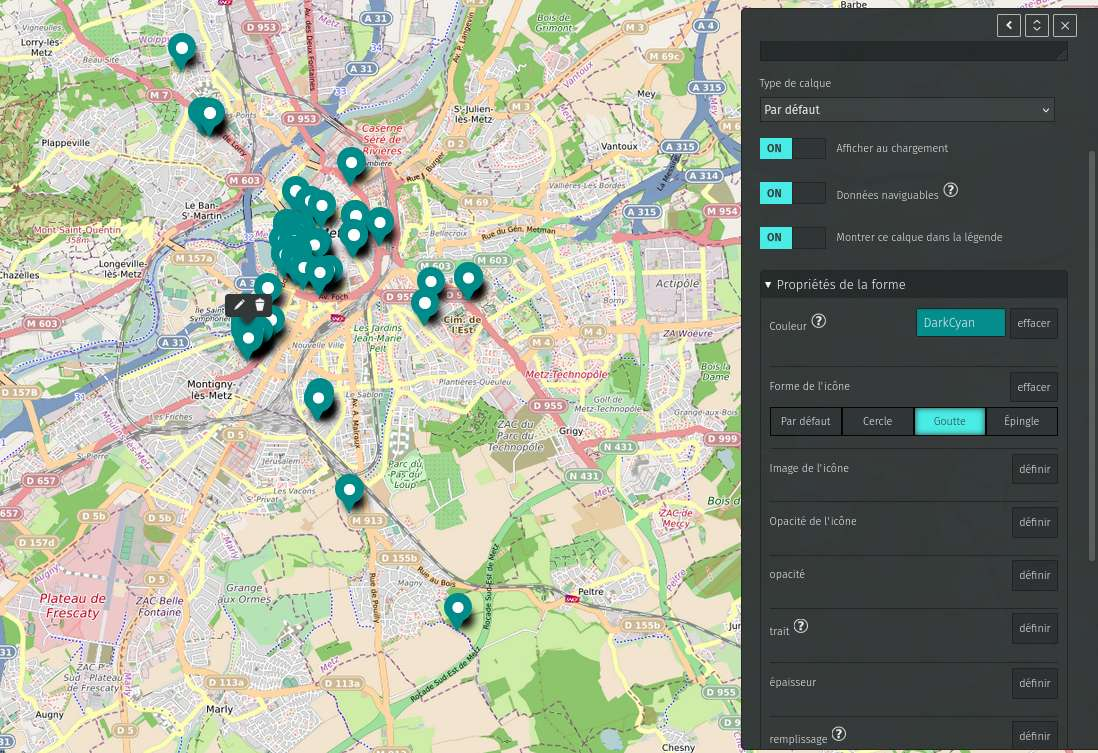 Capture d’écran de la carte et du panneau de personnalisation