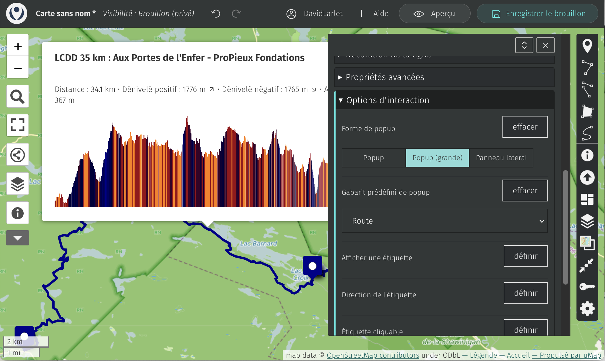 Screenshot of the map with the configuration panel and the popup