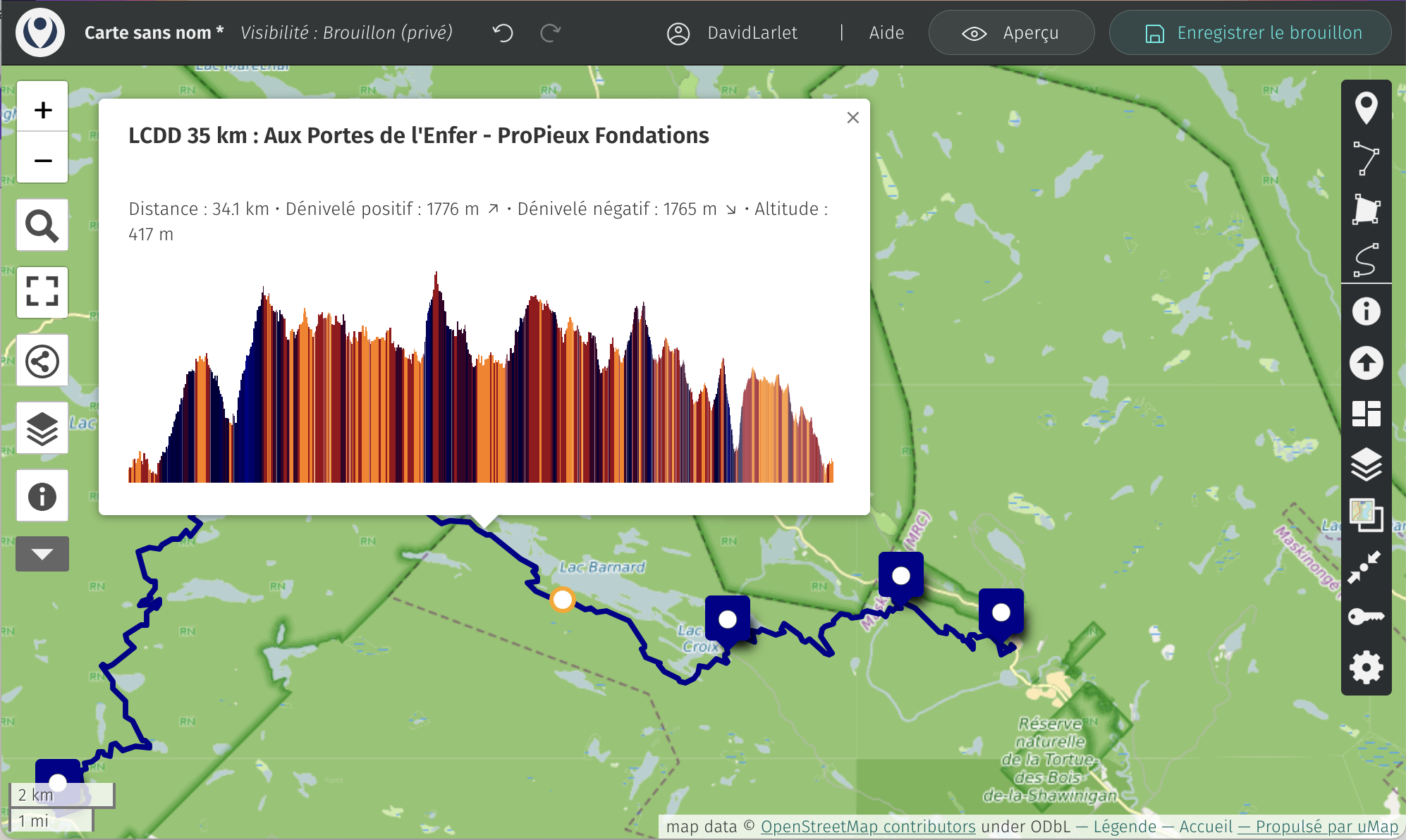 Screenshot of the map with the elevation graph