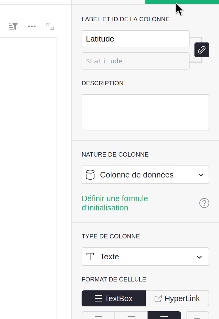 Interface pour renseigner le type des colonnes.