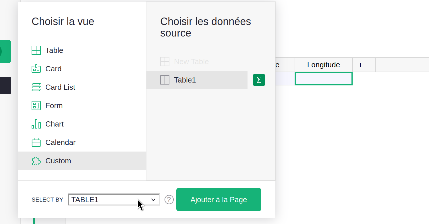 Interface pour créer une vue custom Grist.