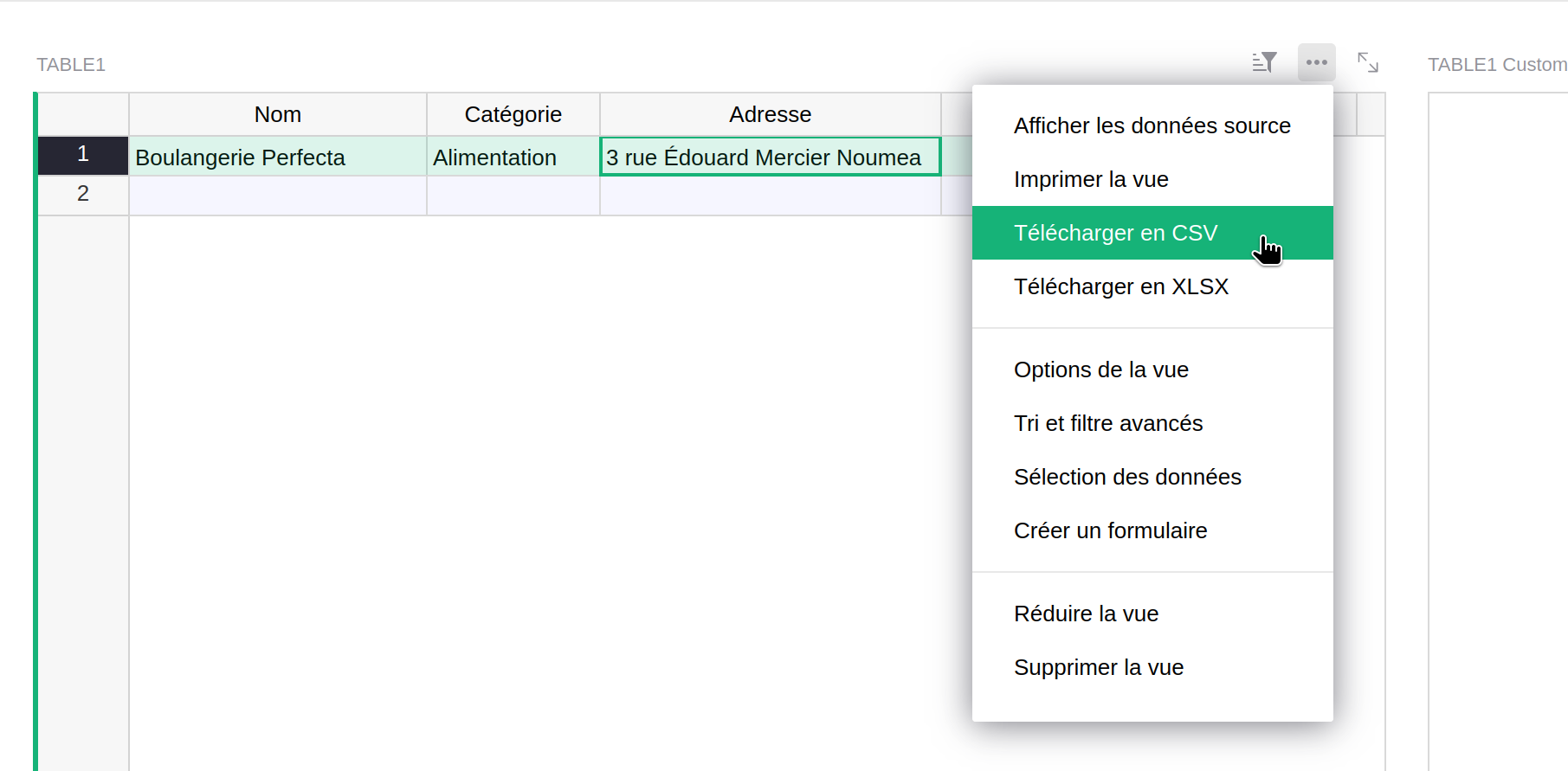 Interface pour copier le lien vers l’export CSV dans Grist.