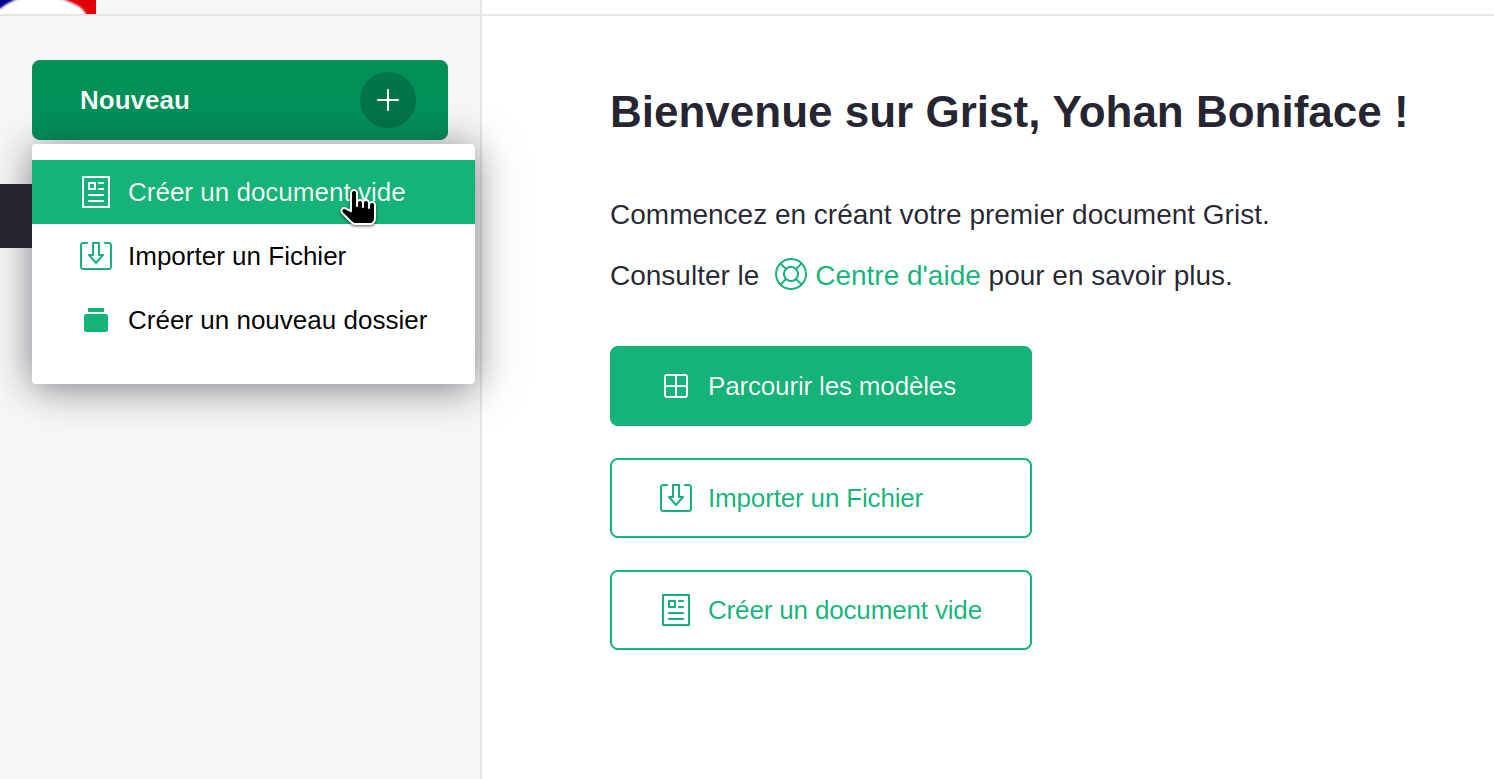 Interface pour créer un nouveau document Grist.