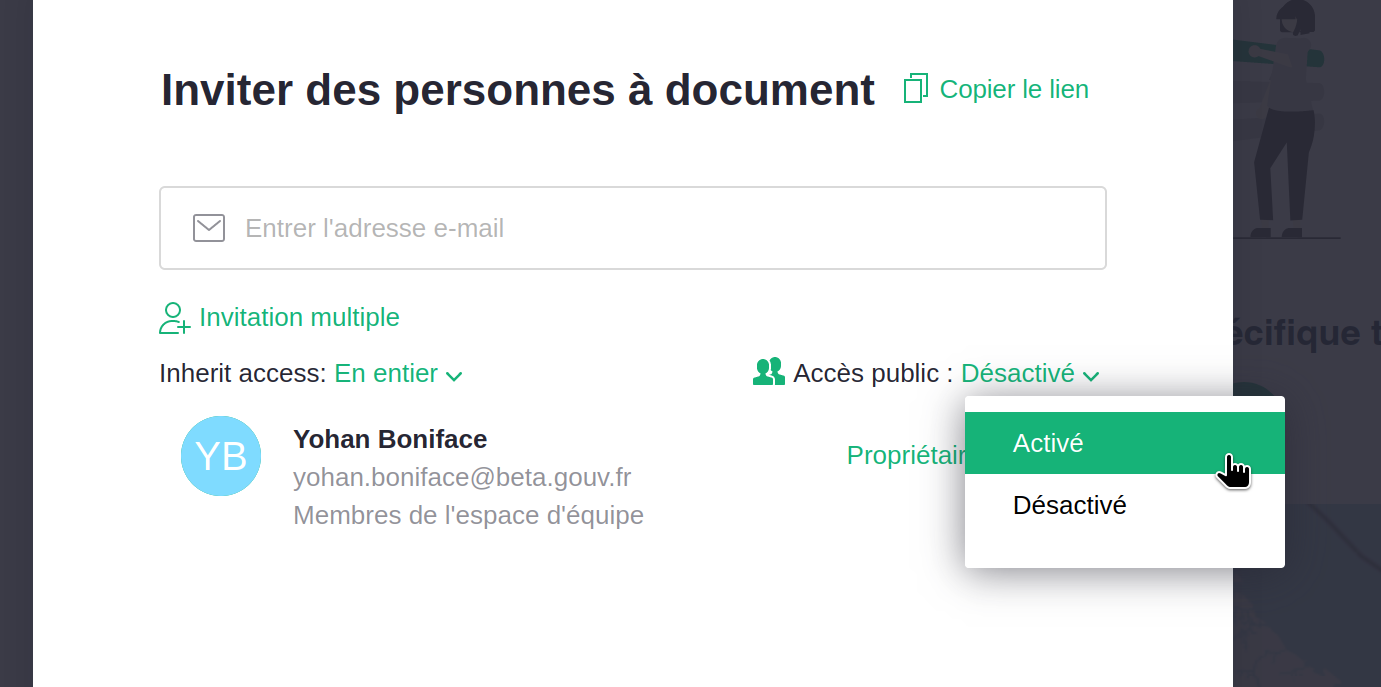 Interface pour ouvrir les permissions dans Grist.