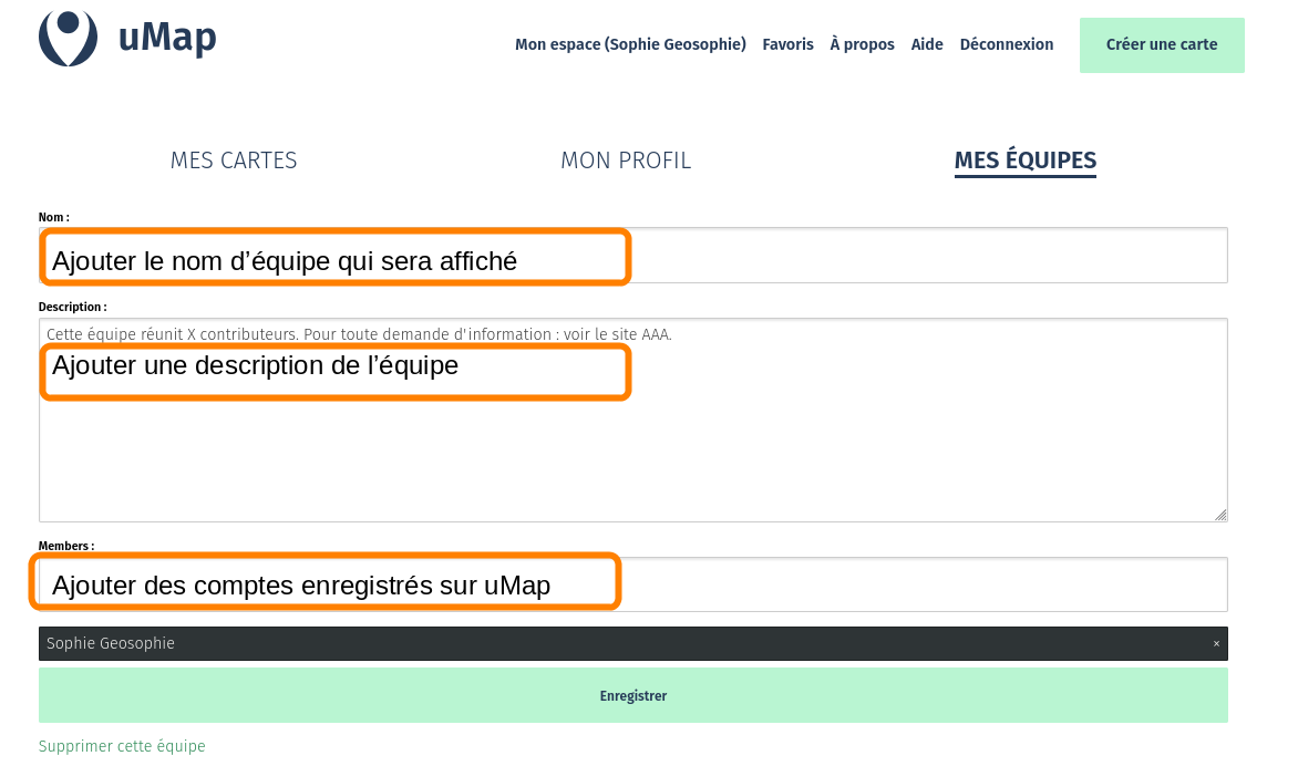 Formulaire d’édition des équipes