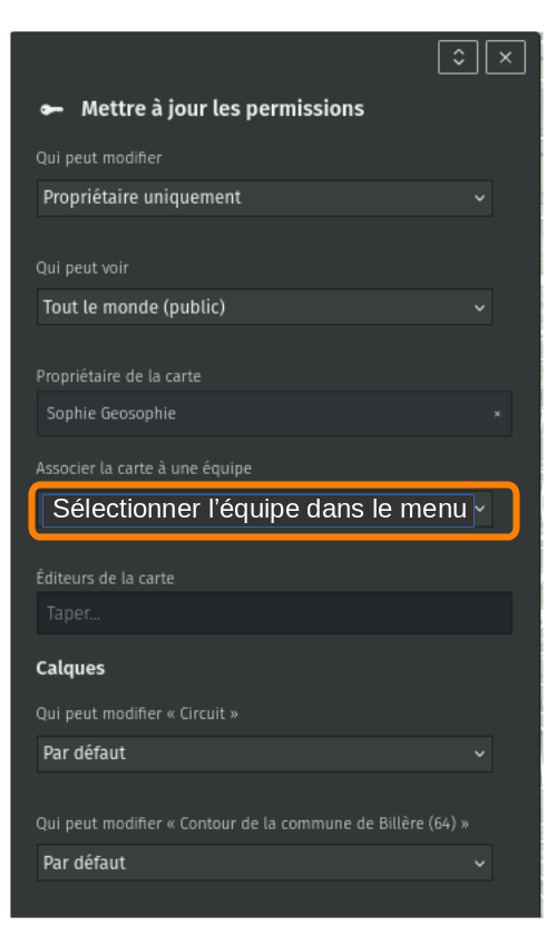 Panneau de permissions pour la sélection des équipes